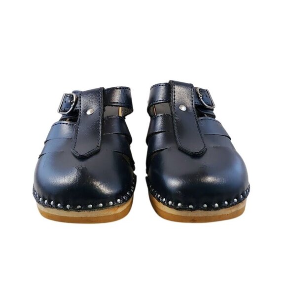 Troentorp Swedish Leather Clogs Navy Cut-Out Wood Sole Sandals Size 36 - Picture 3 of 11